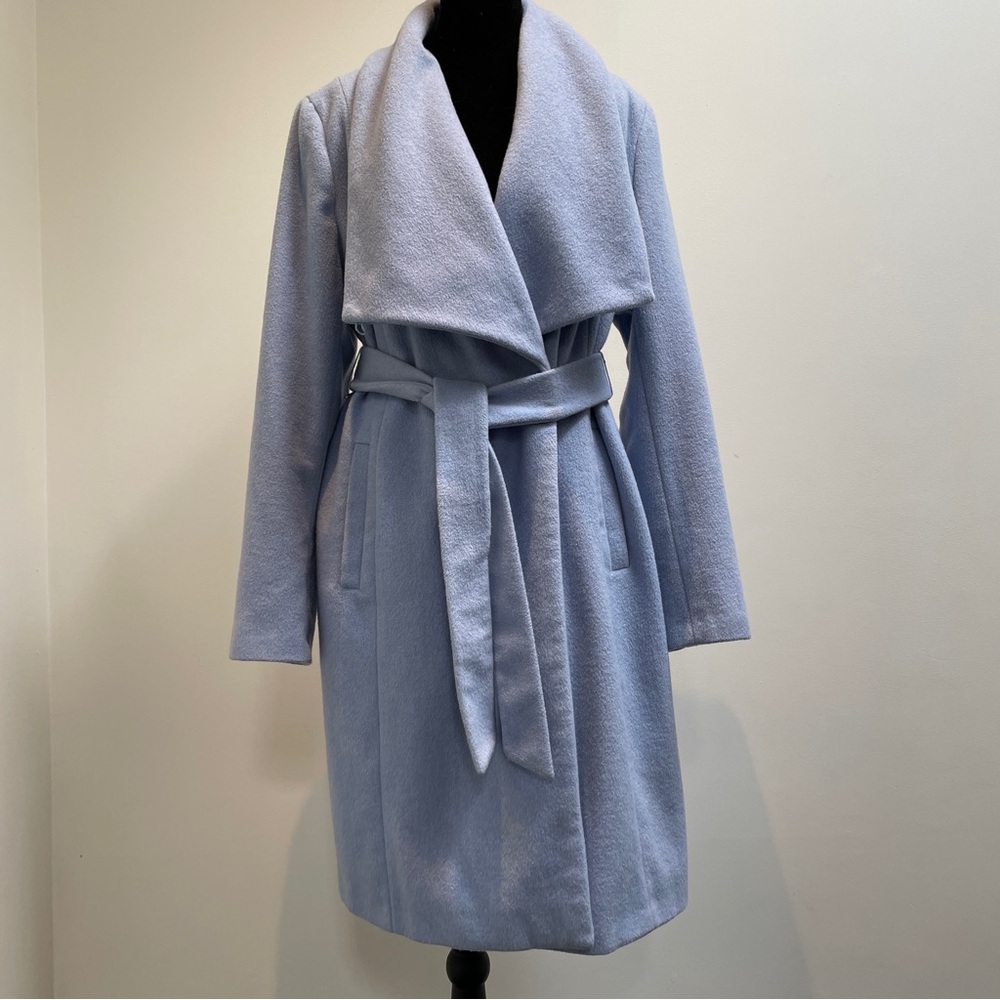 Calvin Klein Light Blue Wool Blend Wrap Coat Belted Size L
